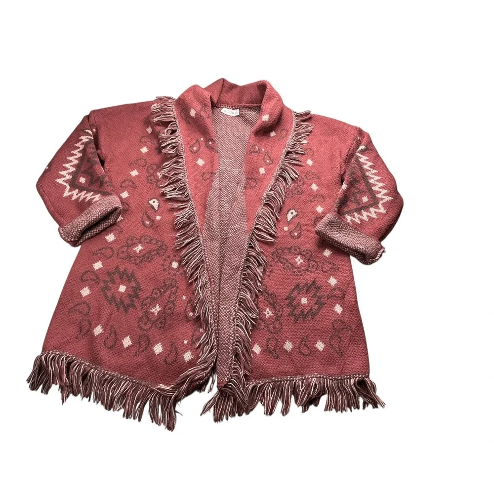 Womens Large Southwestern Fringe Open Front Cardigan Rust 12W2790N - Picture 2 of 16